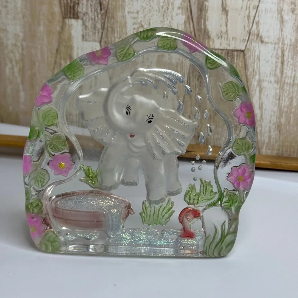 Clear Glass Elephant Figurine With‎ Flowers and Glitter Accent Made in China